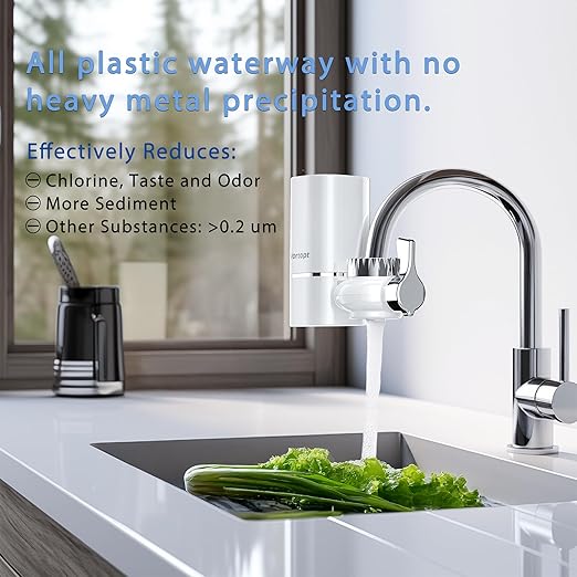 Advanced Sink Faucet Filter, NSF Certified Faucet Installation System, 400 Gallon Capacity, Can Reduce 99% Chlorine and Odors, with 1 Water Filter（T1-White）