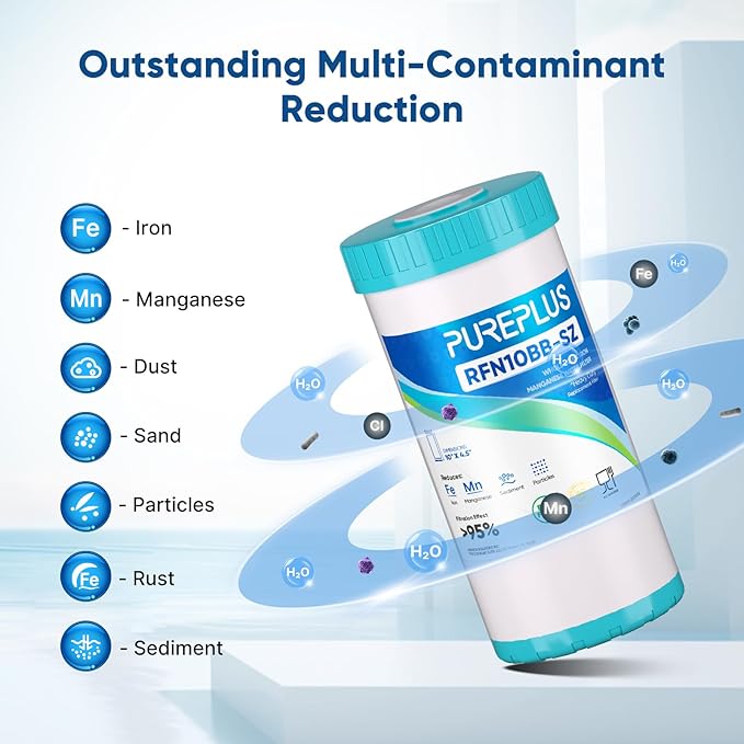 PUREPLUS 5 Micron 10" x 4.5" Whole House Iron & Manganese Reduce Water Filter Replacement for FM15B, WD-WF10F, RFFE10-BB, RFN10BB-SZ, 10-Inch, Pack of 1