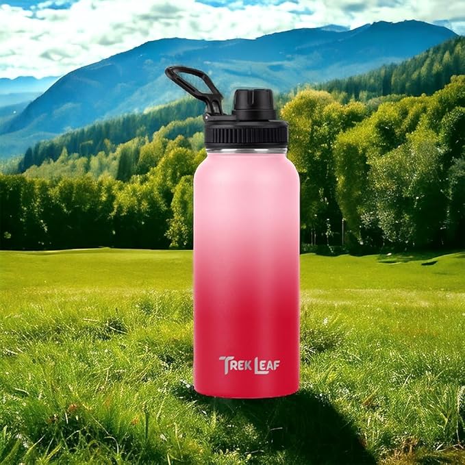 Travel Water Bottle with Carrying Bag, 3 Lids (Spout, Straw, Flip), and Bottle Brush; Leak Proof, Quality, Vacuum Insulated, Stainless Steel (Blush, 32 oz)