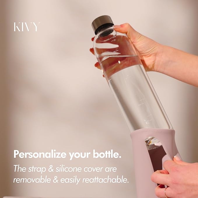 KIVY Glass Water Bottle with Silicone Sleeve 32 oz [WITH MEASUREMENT] - Borosilicate Glass Water Bottle Screw Top - Clear Bottles with Measurement Marking - Sage Green Waterbottle
