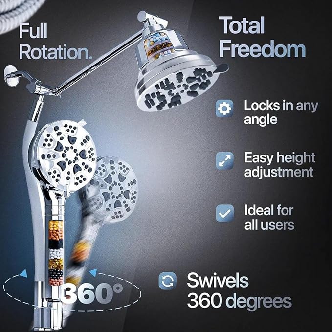 AQUAZEN® Dual Filtered Shower Head Combo | Rainfall + Handheld | 6 Spray Modes | High Pressure | Flexible Mount | Hard Water Filtration | 60" Hose | Chrome Finish