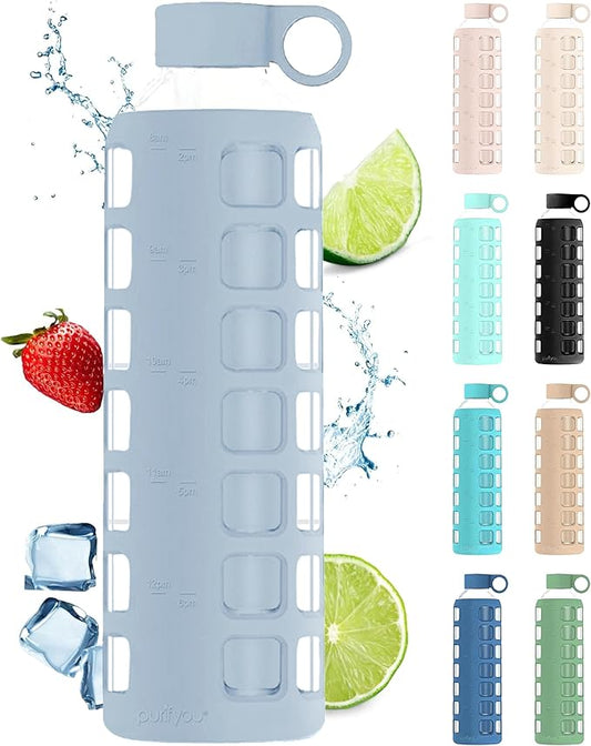 purifyou 40oz / 32oz / 22oz / 12oz Borosilicate Glass Water Bottle with Time & Volume Markers, Silicone Sleeve, Stainless Steel Lid | Reusable Glass Bottle for Water & Juice (32oz Ice Blue)