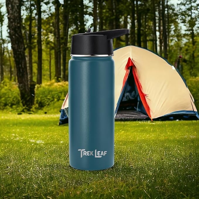 Travel Water Bottle with 3 Lids (Spout, Straw, Flip) Leak Proof, Quality, Vacuum Insulated, Stainless Steel (Cascade Teal, 18 oz)