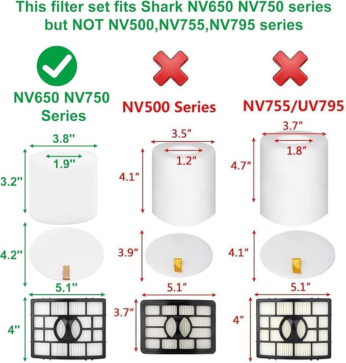 NV752 AZ1002 Vacuum Filters Replacement for Shark Rotator Powered Lift-Away AZ1002 NV650 NV650W NV651 NV652 NV750 NV750W NV751 NV752 AX950 AX951 AX952, 2 Filter + 6 Foam, Parts XFF650 XHF650