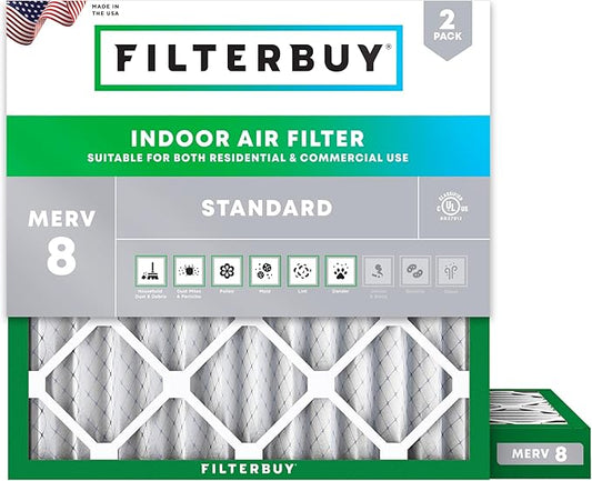 Filterbuy 10x10x2 Air Filter MERV 8 (MPR 700) Dust Defense Replacement (2-Pack), Electrostatic Pleated HVAC AC Furnace Filters, Made in USA (Actual Size: 9.50 x 9.50 x 1.75)