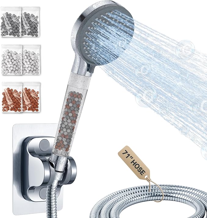 YDmeet Filtered Handheld Showerhead with Shower Holder Set, 3-Mode Spray Setting, Long Metal Hose, Extra 6 Packs Replacement Mineral Balls for Refills, Chrome