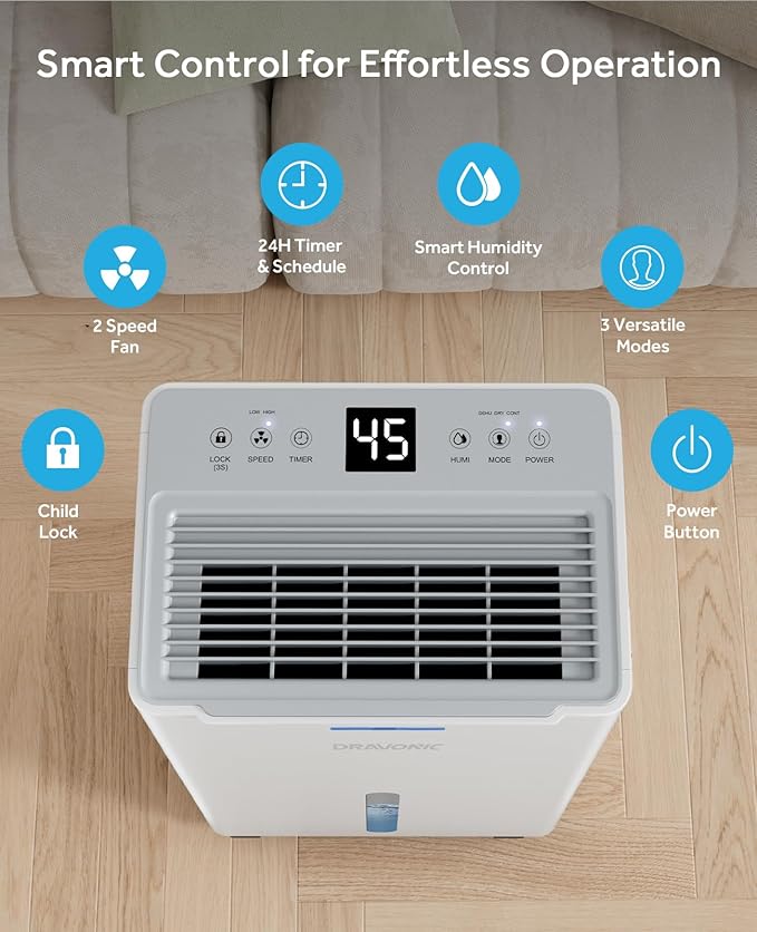 1500 Sq.ft Dehumidifier for Basement, MAX 21 Pints Dehumidifiers for Home with Drain Hose, Smart Humidity Control, 3 Modes for Bedroom and Bathroom, Dry Clothes, 24H Timer (White and Gray)