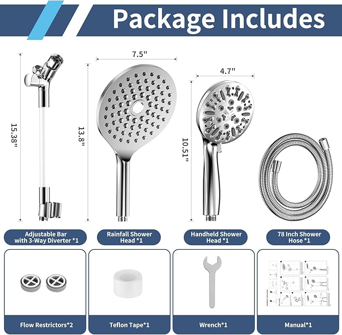 KAIYING Dual Shower Heads with Handheld Spray Combo, High Pressure Modern Rain Shower Head with 9-Mode Handheld Showerhead, Double Rainfall Shower Head with 79-Inch Stainless Steel Hose (Chrome)