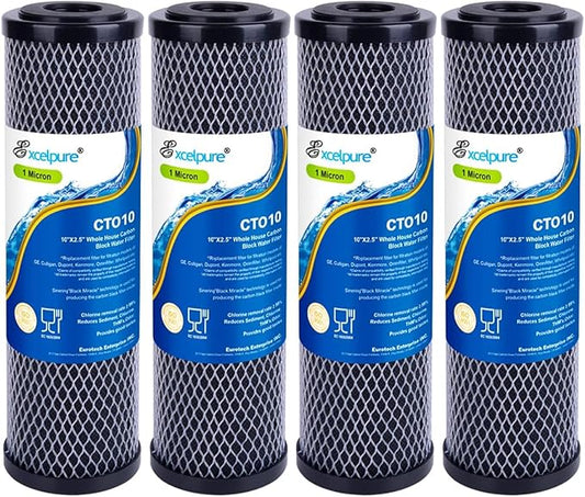 1 Micron 10" x 2.5" Whole House CTO Carbon Water Filter Cartridge Replacement for Home Countertop System, Dupont WFPFC8002, WFPFC9001, FXWTC, SCWH-5, WHEF-WHWC, WHCF-WHWC, CTO10, T01, 4PACK