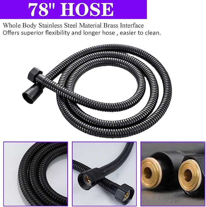 8"High Pressure Square Rain Shower Head and 2-in-1 Hand Shower.Equipped with 78"Hose, 3 Way Diverter Valve,Adhesive Shower Head Holder.(AWAXFOLO Square Shower Head Set Black)