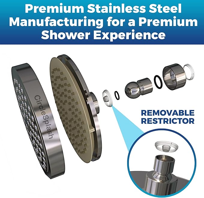 High Pressure Shower Head - Anti-Clogging Silicone Nozzles - 2.5 GPM Removable Restrictor - Easy to Clean Adjustable Replacement - easy to install with Plumbers Tape - 6 inch - Classic Chrome Finish