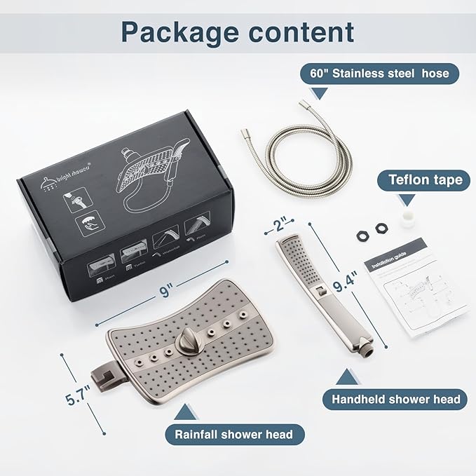 BRIGHT SHOWERS High Pressure Brushed Nickel Shower Heads Combo with Two Spray Setting Fixed Shower Head and Two Spray Settings Handheld Shower Head with Grey Face