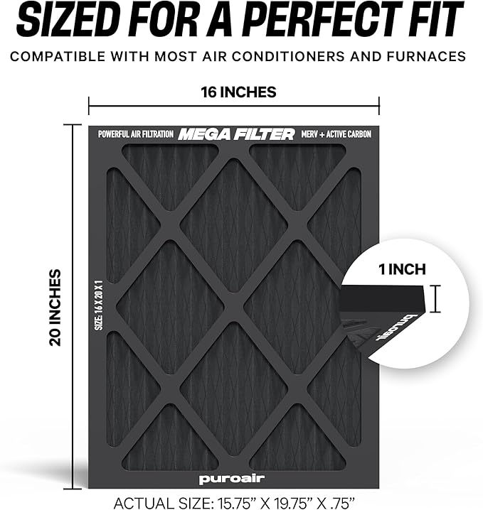 PuroAir Mega Filter - MERV 13 16x20x1 Air Filters For Home With Activated Carbon - Filters Allergens, Pet Dander, Smoke, Dust - Furnace and AC Filters - Air Filters 16x20x1 MERV 13 (4 Pack)