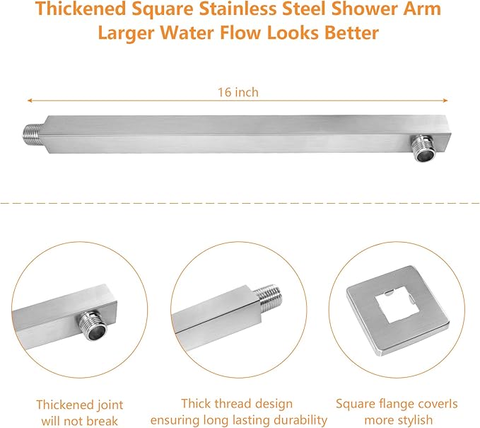 HarJue Shower Head with Extension Arm, High Pressure Square with ShowerArm, Stainless Steel Rainfall-Waterfall Full Body Coverage (12'' Shower with 16'' Arm, Brushed Nickel)