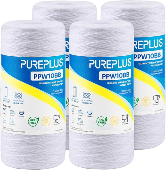 PUREPLUS 25 Micron 10 x 4.5 Whole House String Wound Sediment Filter for Well Water, Replacement Cartridge for 84637, WPX5BB97P, PC10, CW5-BBS, 355215-45, WP10BB97P, WP5BB97P, 4Pack
