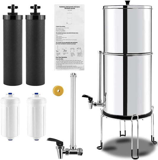 2.25 Gallon Stainless Steel Gravity-fed Water Filter System with Black Activated Carbon Filter and Fluoride Filters for Home, Camping, Travel, Outdoor Adventures and Emergencies - 2 Year Warranty