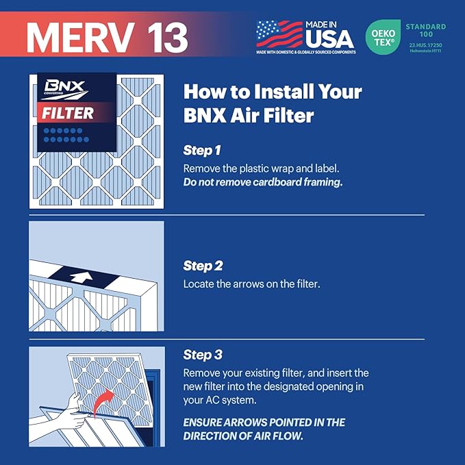 BNX TruFilter 20x22x1 Air Filter MERV 13 (6-Pack) - MADE IN USA - Electrostatic Pleated Air Conditioner HVAC AC Furnace Filters for Allergies, Pollen, Mold, Bacteria, Smoke, Allergen, MPR 1900 FPR 10