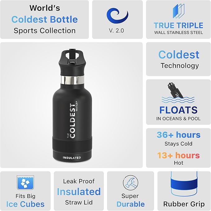 Coldest Insulated Water Bottle with Straw Lid - Stainless Steel Metal Insulated Bottle for Men & Women (Stealth Black, 12 oz)
