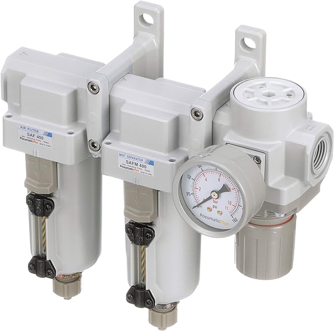 PneumaticPlus SAU430-N04G-MEP 3 Stage Compressed Air Filter Dryer System - Particulate Air Filter, Coalescing Air Filter, Compressed Air Pressure Regulator Combo, 1/2" NPT - Metal Bowl, Manual Drain