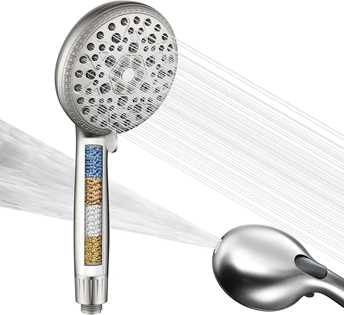SUMERAIN Shower Head with Filters for Hard Water - 9 Spray Modes, Vitamin C & KDF Shower Head Filter, Salt-Free Anti-Scale Technology, High Pressure Shower Filter Head Brushed Nickel