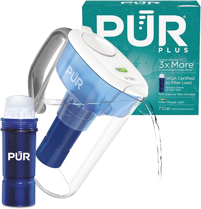 PUR Plus 7-Cup Water Pitcher, 1 Lead-Reducing Filter, Cleaner, Great-tasting Water, Dishwasher Safe, Powerful Filtration, Filter Change Light Indicator, LockFit Cap Design - White