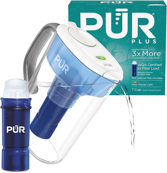 PUR Plus 7-Cup Water Pitcher, 1 Lead-Reducing Filter, Cleaner, Great-tasting Water, Dishwasher Safe, Powerful Filtration, Filter Change Light Indicator, LockFit Cap Design - White