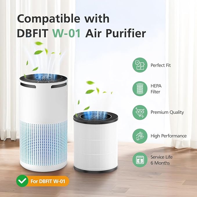 W-01 Replacement Filter Compatible with DBFIT W-01 Air Purifi-er Air Cleaner, 3-IN-1 HEPA Filter, Activated Carbon Filter and Pre Filter for Dust Smoke Pet Hair Odor, 2 Pack, White