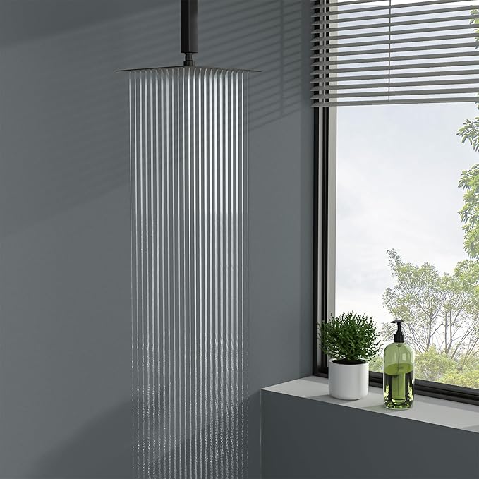 Lordear Black Rain Shower Head 16 Inch Square High Pressure Stainless Steel Rainfall Shower Head 360° Rotation Waterfall Showerhead Full Body Coverage with Silicone Nozzle