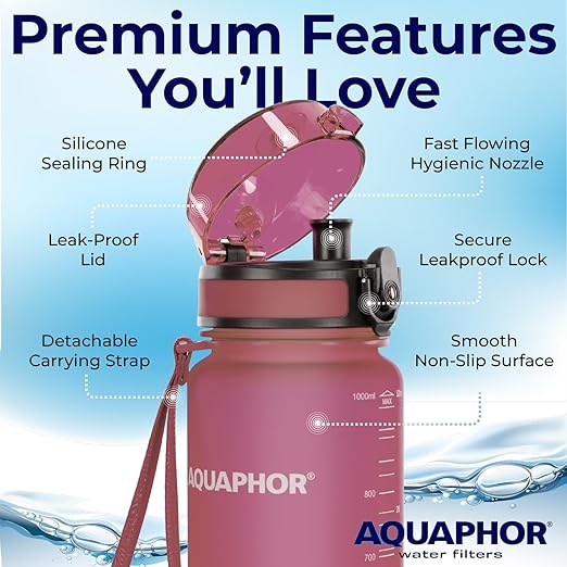 Nakii Filtered Water Bottle, Leakproof, BPA-Free, Motivational Markings, Travel, Everyday Use. 40-Gallon Filter, Replaces 300 Plastic Water Bottles. Includes 1 Filter, 22 FL Oz, Pink by Aquaphor