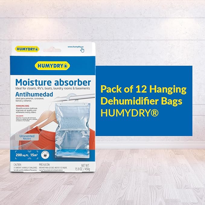 HUMYDRY® - Pack of 12 Hanging Dehumidifier Bags - Moisture Absorbers - 15.9 oz - Unscented - For Spaces Up to 200 sq. FT