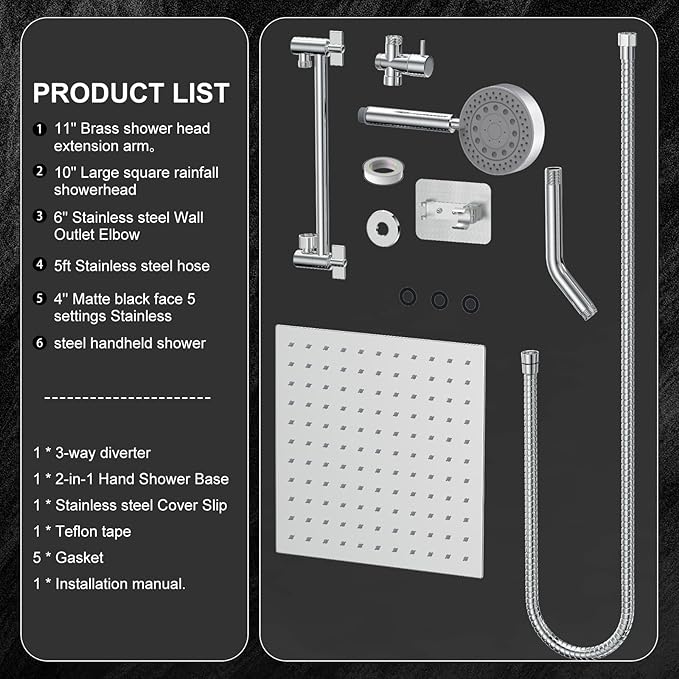 Shower Head with Handheld Combo 10" Chrome High Pressure Rain Shower Head 11" Adjustable Extension Arm and 5 Settings Adjustable SUS 304 Handheld Showers with 59" Hose, 2-in-1 Shower Holder