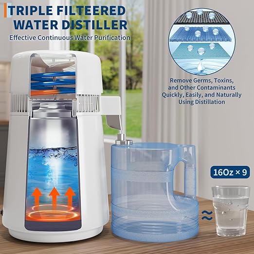 GarveeHome Water Distillers for Home Countertop, 1Gal/4L Stainless Steel Distilled Water Machine with Glass Container, 750W Desktop Drinking Purifier Filter Distilling Kit