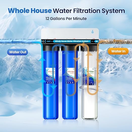 Whole House Water Filter System, 3-Stage Whole House Water Filtration System, 3/4 "Inlet/Outlet,Reduces Up to 99% of Chlorine, Sediment, Taste and Odor, with a Transparent Shell for The First Stage