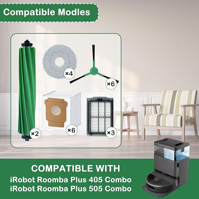 22 Pcs Replacement Parts for iRbot Roomba Plus 405 Combo/505 Combo Robot Vacuum Accessories Kit, Includes 2 Roller Brush,3 HEPA Filters, 4 Mop Pads, 6 Side Brush, 6 Dust Bags