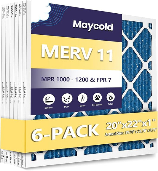 Maycold 20x22x1 MERV 11 Furnace Air Filter (6-Pack), High-Performance HVAC AC Filters for Home Use, Actual Size: 19.70” x 21.70” x 0.75”, Individually Wrapped in Plastic