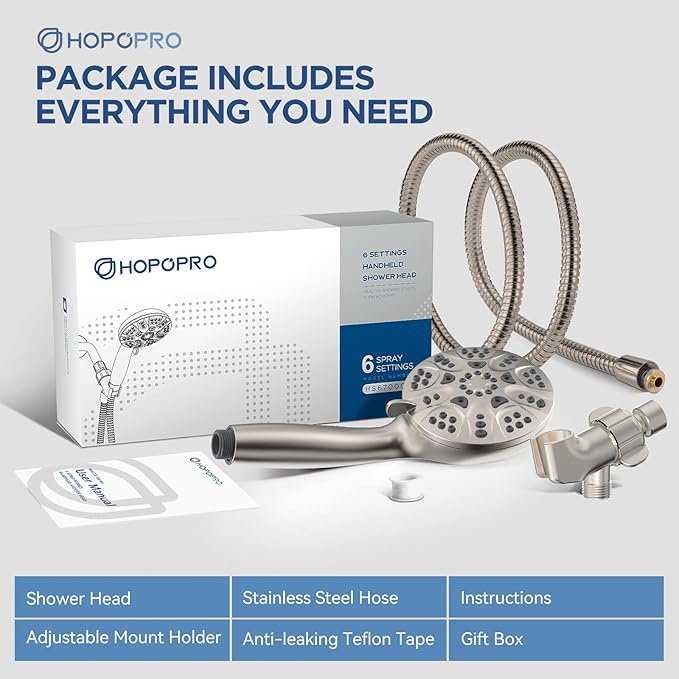 6-Mode High Pressure Handheld Shower Head with Power Wash, HOPOPRO High Flow Hand Held Showerhead Set with Built-in Power Spray to Clean Tub Tile Pets Bathroom Flooring