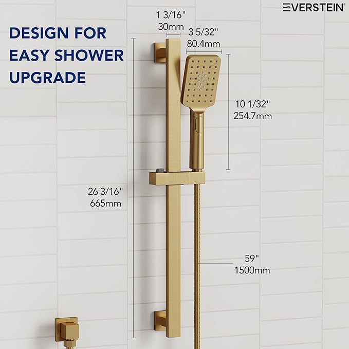EVESTEIN Adjustable Hand Held Shower with Slide Bar, 3-Function Handshower Head with Hose, Brushed Gold
