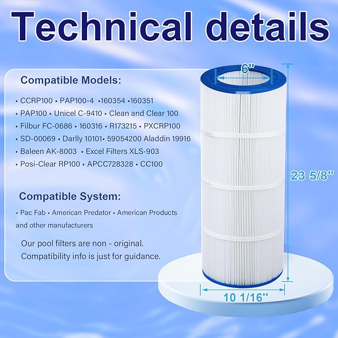 Upgraded Pool Filter Compatible with CC100, CCRP100, PAP100, Predator 100, Unicel C-9410, Filbur FC-0686, R173215, NSF Certified, 23 5/8" x 10 1/16" 100 Sq. Ft Pool Filter Cartridge, 1 Pack