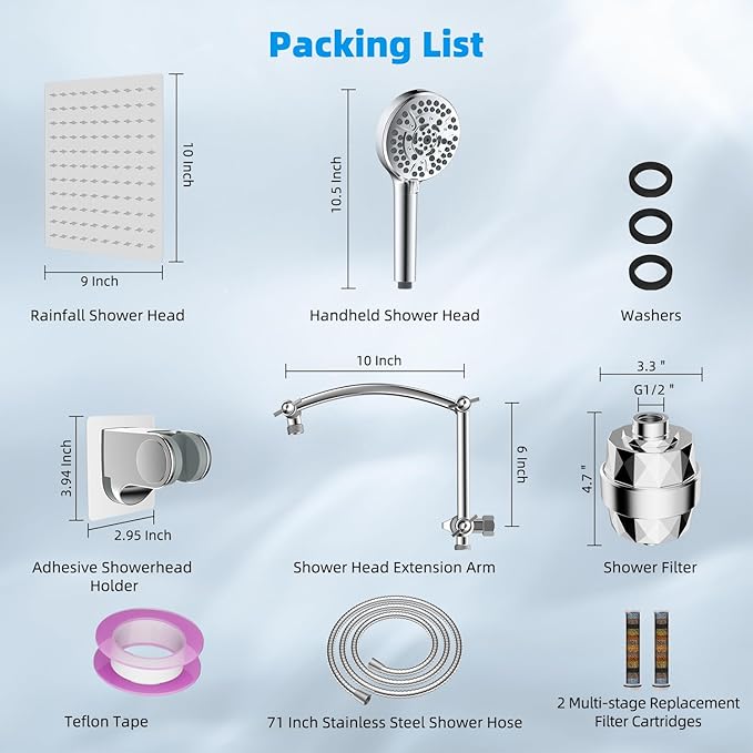Hibbent All Metal 10'' Dual Filtered Rainfall Shower Head Combo, High Pressure Handheld Shower Head with 16'' Adjustable Arc Extension Arm, 20 Stage Shower Filter, 10-spray, 71'' Shower Hose, Chrome