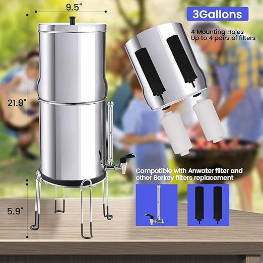 Amwater NSF/ANSI 42&372 Certification 3G Stainless Steel Gravity-Fed Water Filter System, Reduces Lead and up to 99% of Chlorine,with 4 Purification Filter,Sight Glass Spigot and 6inch Stand