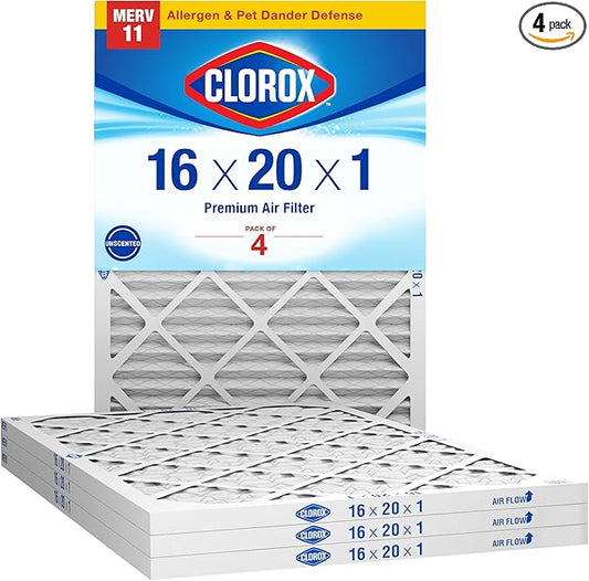 Clorox 16x20x1 Air Filter, MERV 11 Pleated HVAC AC Furnace Air Filters, MPR 1000 & FPR 7 – Pack of 4