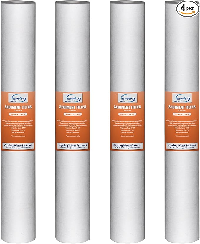 iSpring FP25X4 High Capacity 20” x 2.5” Water Replacement Cartridges Fine Sediment Filter, 5 Micron, 4 pieces, White, 4 Piece