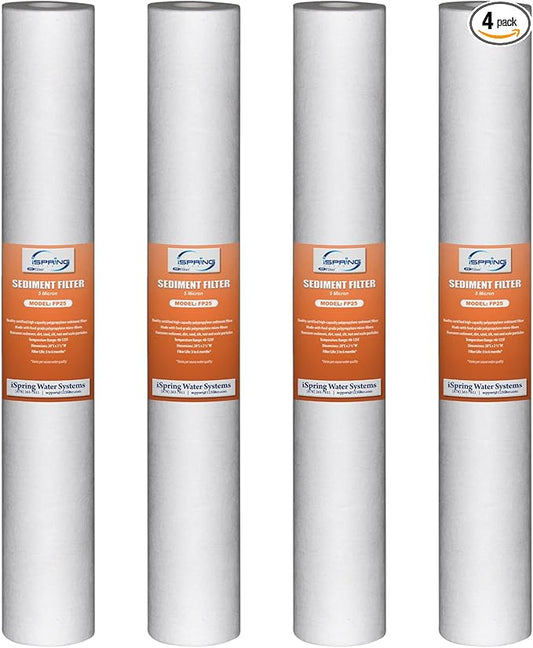 iSpring FP25X4 High Capacity 20” x 2.5” Water Replacement Cartridges Fine Sediment Filter, 5 Micron, 4 pieces, White, 4 Piece