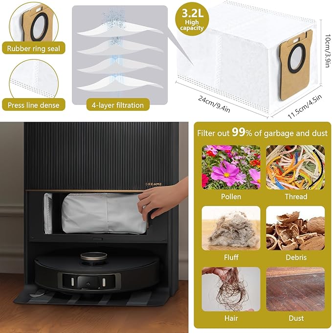 Yivy 28PCS Replacement Parts for Dreame L20 Ultra/L20 Ultra Complete, L30 Ultra/L30 Ultra Complete, Vacuum Cleaner Accessory Kit: 2 Main Brushes, 6 Side Brushes, 4 HEPA Filters, 6 Dust Bags, 8 Wipes