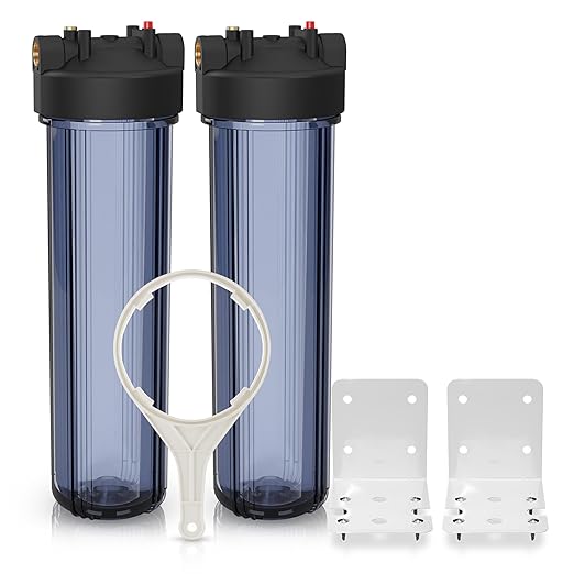 Max Water Whole House 20" x4.5" Purple Clear WH Water Filter Housing 1 inch Inlet/Outlet Ports with Wrench and Bracket (2 Housing)