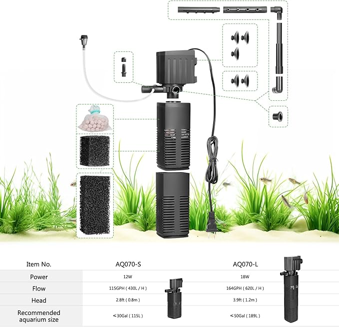 AQQA Aquarium Filter, 3-Stage Filtration, Adjustable Wave Maker & Oxygenator, Quiet 18W 164GPH Submersible Pump, Easy Clean Sponge Filter, for 50 Gallon Freshwater Saltwater Fish Tank 110V/60Hz