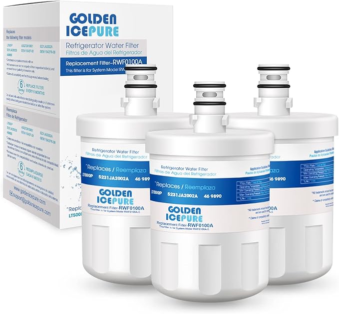 GOLDEN ICEPURE RWF0100A Refrigerator Water Filter, Replacement for ADQ72910901, LG LT500P, Kenmore 469890, 9890, 5231JA2002A, LSC27925ST, ADQ72910907, 3PACK