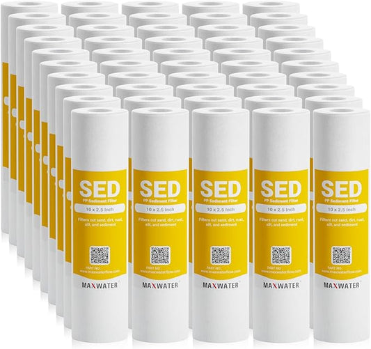 Max Water 1 Micron 10 x 2.5 Sediment Water Filter Replacement Cartridge for Whole House, Melt Blown Filtration Fiber for Heavy Duty Well Water Filter Replacement AP110, WHKF-GD05 (Pack of 50)