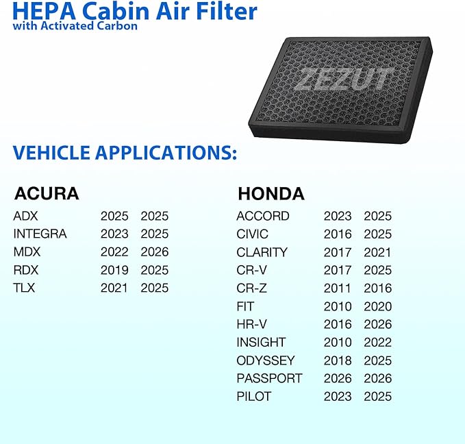 CF11182 Cabin Air Filter - fits Honda CR-V, Civic, Accord, Odyssey, HR-V, Clarity, CR-Z, Fit, Insight, Acura MDX, RDX, TLX, Integra | Honeycomb Structure with Activated Carbon Beads (1 Pack)