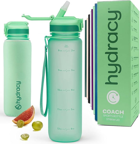 Hydracy Water Bottle with Time Marker -Large BPA Free Water Bottle & No Sweat Sleeve -Leak Proof Gym Bottle with Fruit Infuser Strainer & Times to Drink -Ideal for Fitness Sports & Outdoors